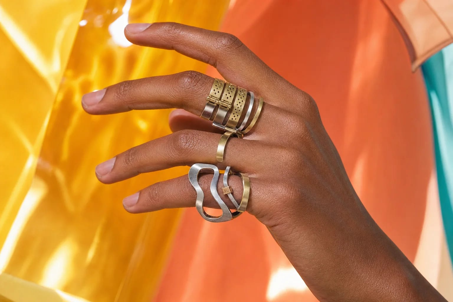 Adult hand wearing an experimental articulated mixed-metal statement ring with open space around it
