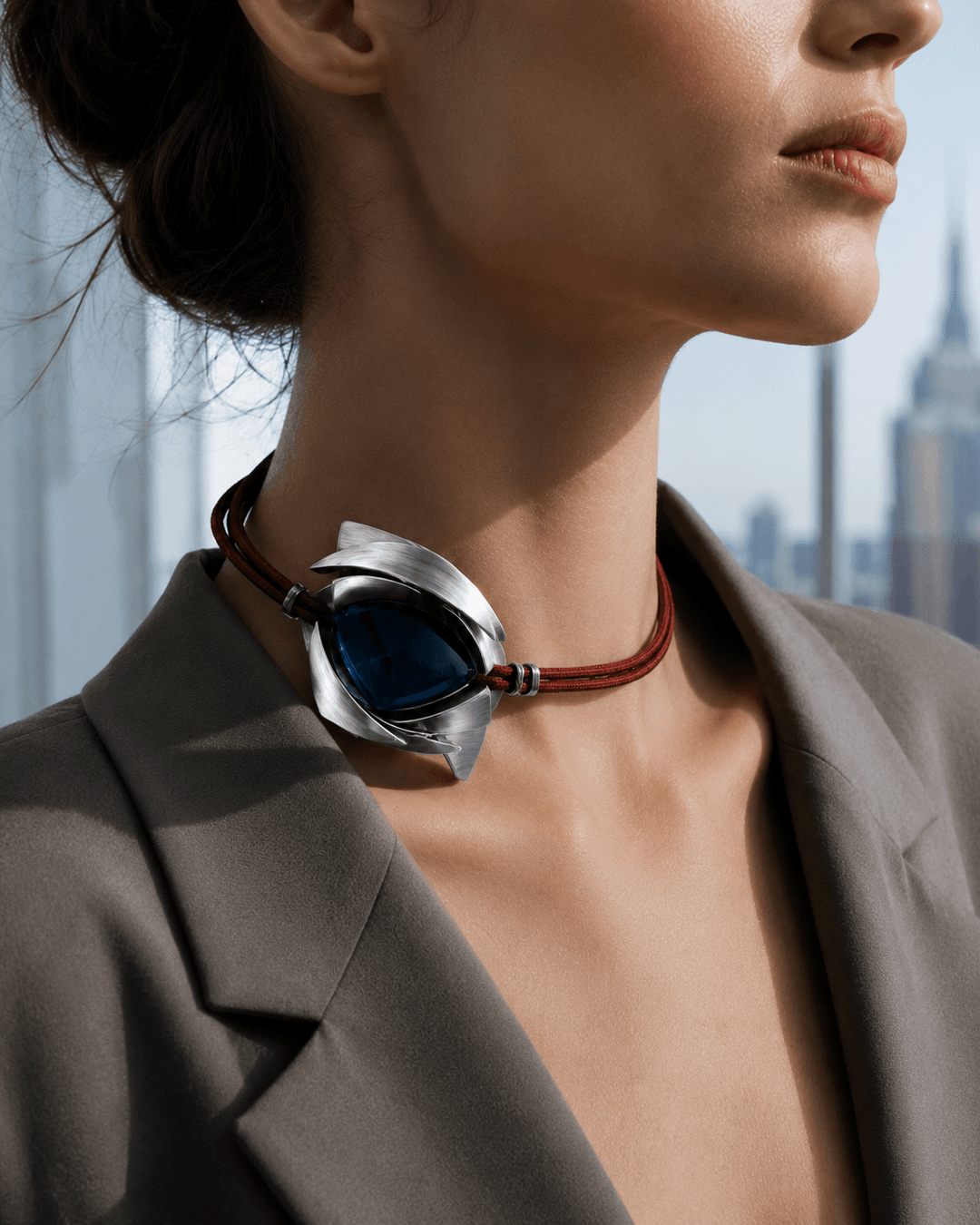Side profile of an adult model wearing a silver convertible neck system with dark-blue flexible collar and oxblood cord