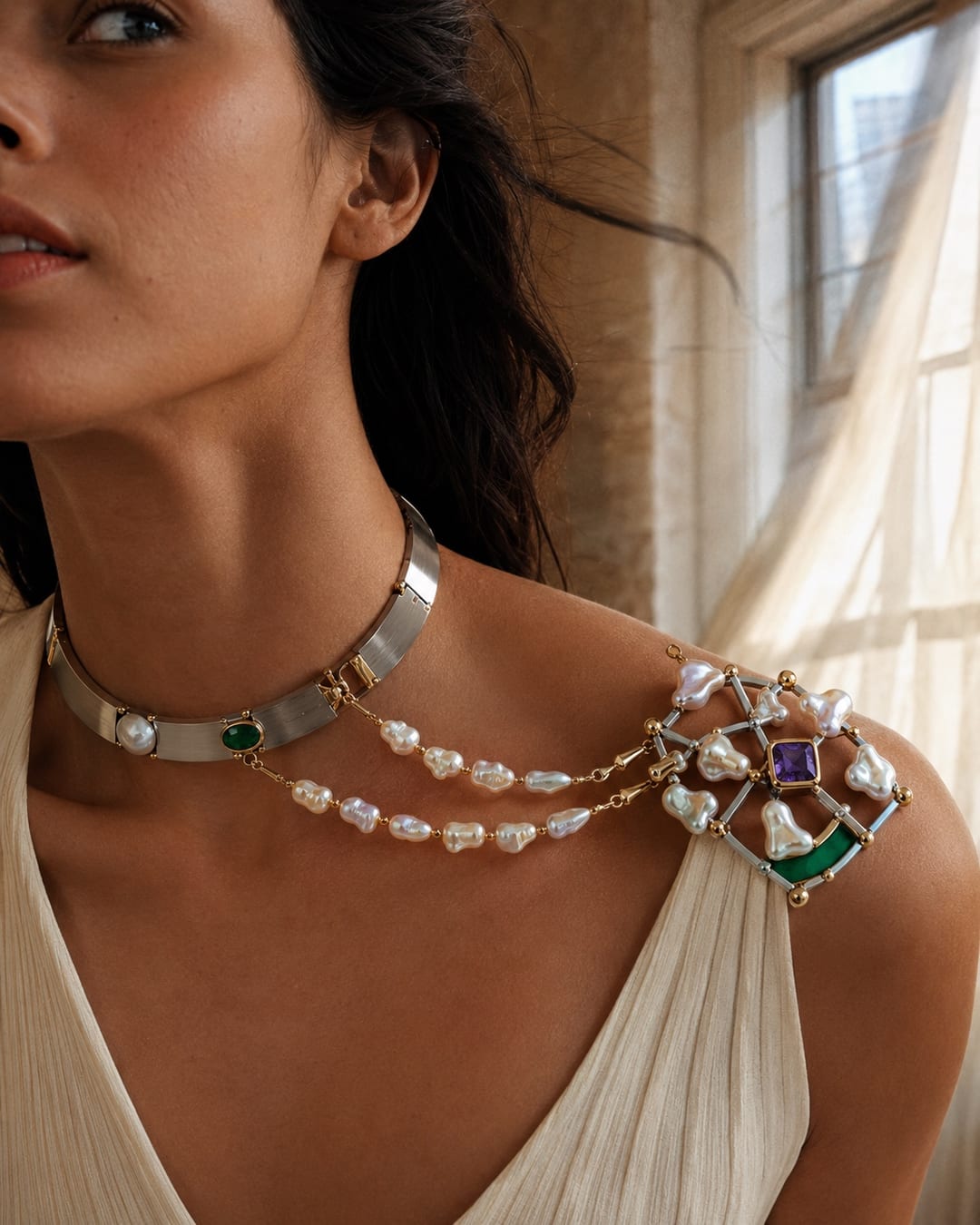 Close crop of a Latina model in an old apartment wearing a brushed titanium collar connected by exactly two pearl strands to a detachable shoulder pin