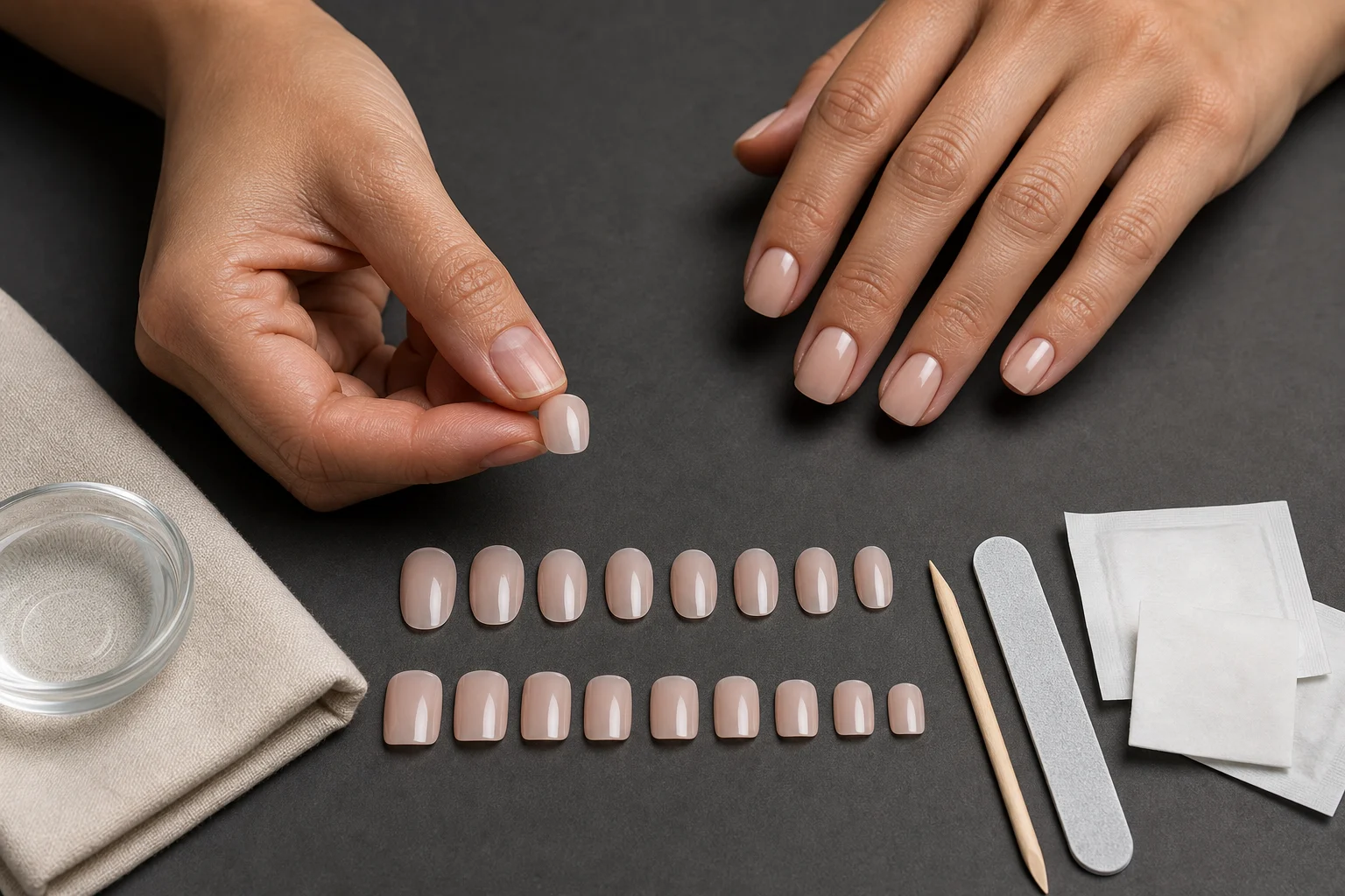 Adult hands comparing press-on nail sizes before application