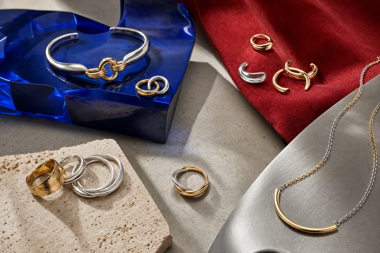 Mixed-metal jewelry arranged to compare tone, scale and repetition