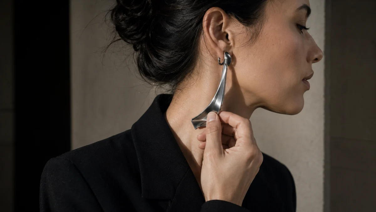 Side profile of an adult wearer checking the attachment and clearance of a sculptural silver concept earring
