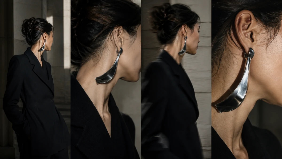 Four-view editorial series showing the same sculptural ear concept at full scale, close placement, in motion and under direct light