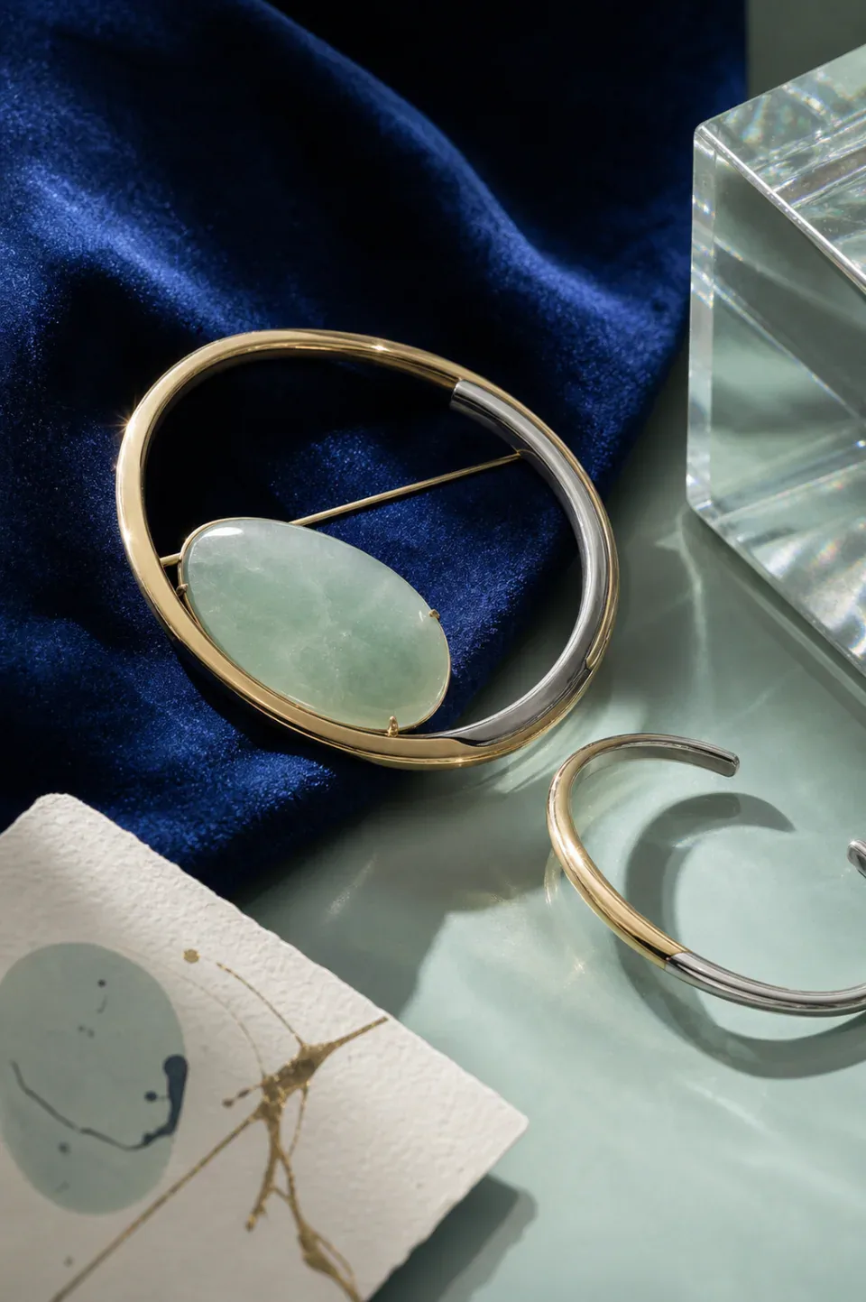 Collector selection with a limited mixed-metal focal piece, companion cuff and printed card