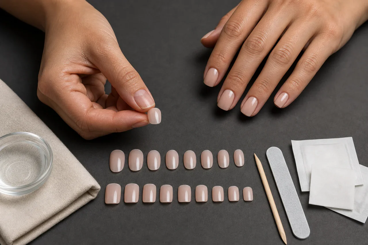Adult hands matching press-on nail sizes by width and curve before application