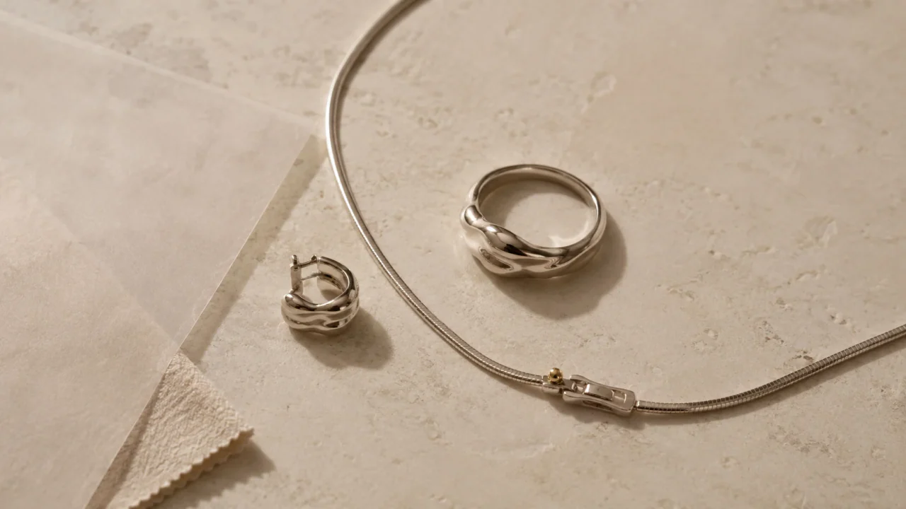 Silver jewelry arranged on a warm stone surface