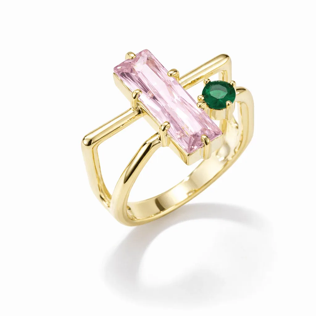gold ring with pink baguette stone in gold vermeil, modern split band with green accent gemstone