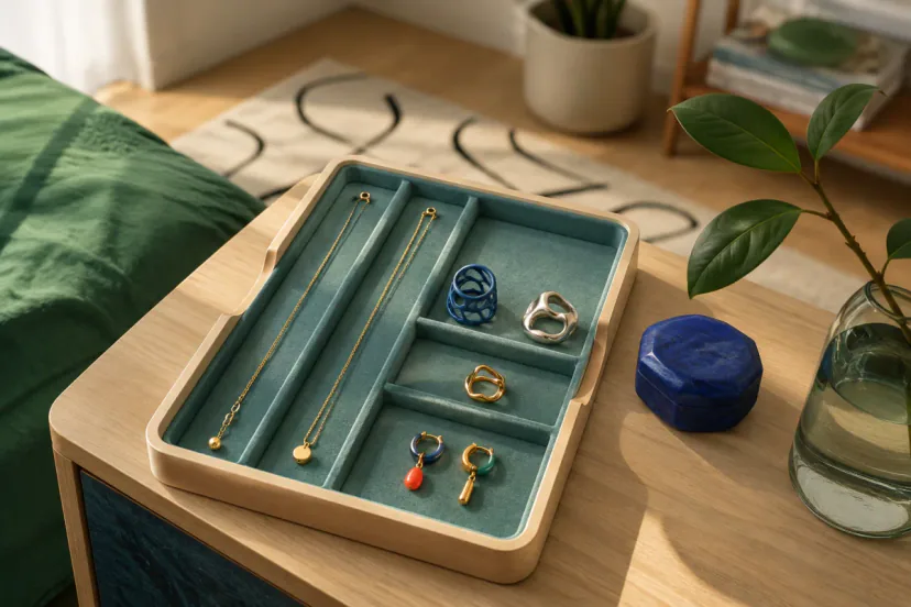 Portable teal jewelry tray with two clasped necklaces in separate long channels and rings and earrings in divided compartments.