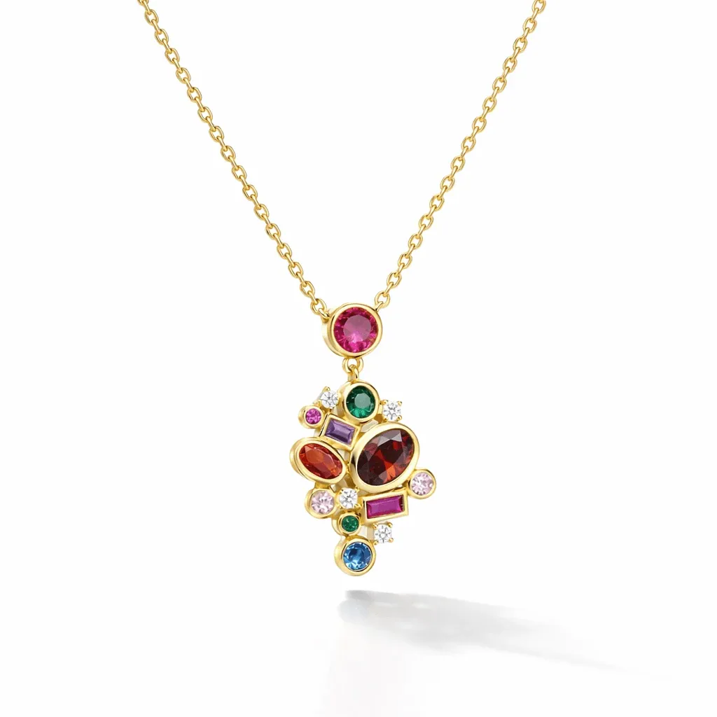 gold necklace with multicolor gem pendant in gold vermeil, modern bezel-set gemstone cluster charm