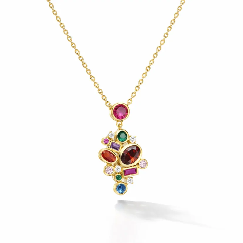 gold necklace with multicolor gem pendant in 18k gold vermeil, modern bezel-set gemstone cluster charm
