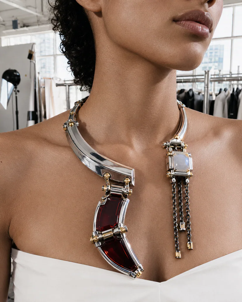 Adult model styling a transformable sculptural collar in a fashion backstage setting