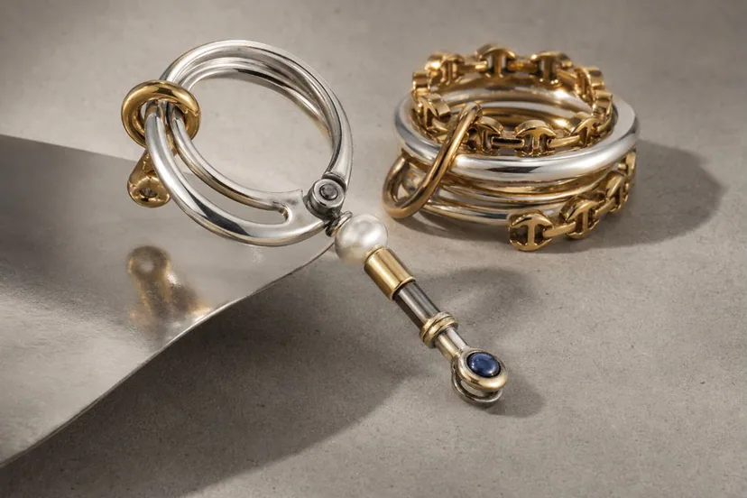 Close-up still life of sculptural mixed-metal jewelry with visible clasps, joins, and pearl detail