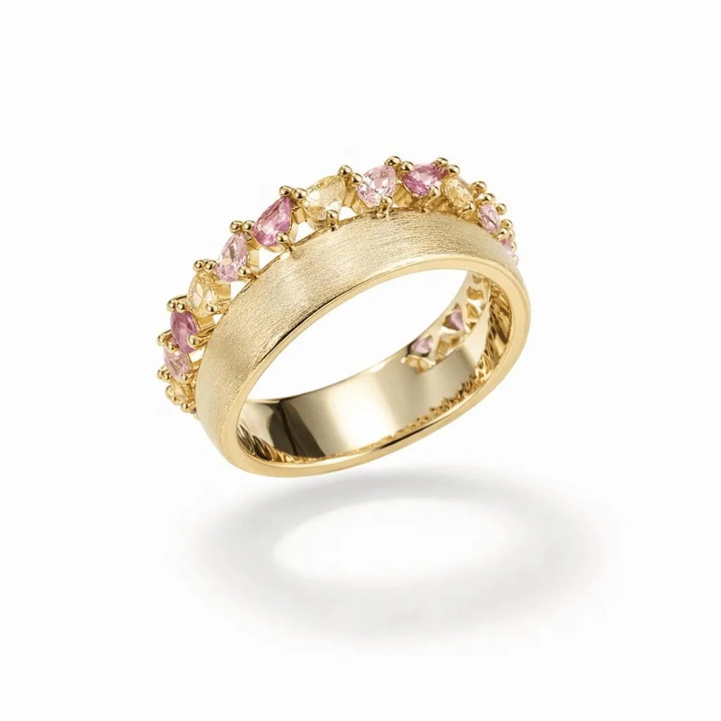 gold gemstone ring in gold vermeil with brushed band and crown-set pink and champagne marquise stones