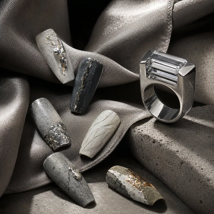Close still life of a sculptural silver ring with cream and grey nail forms on satin and concrete