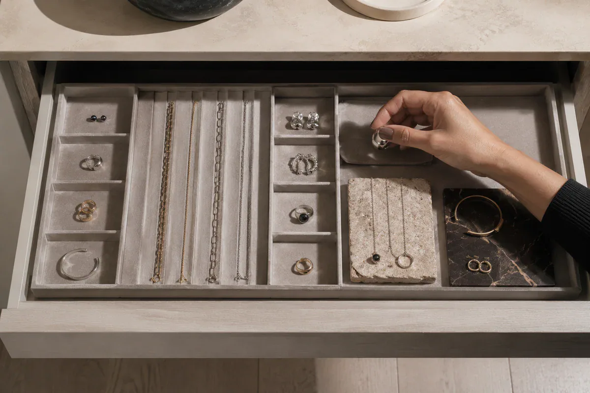 Shallow jewelry drawer divided into daily, visible and protected zones with separate necklace lanes.