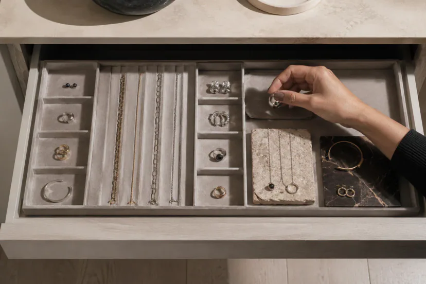 Shallow jewelry drawer divided into daily, visible and protected zones with separate necklace lanes.