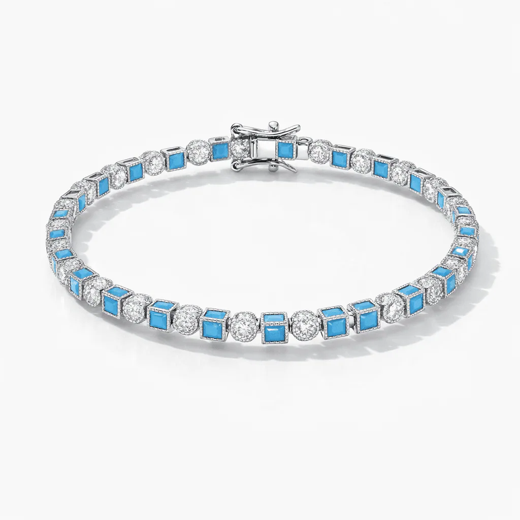 silver tennis bracelet in silver-tone metal with sky-blue square stations and clear crystal rounds, modern link design