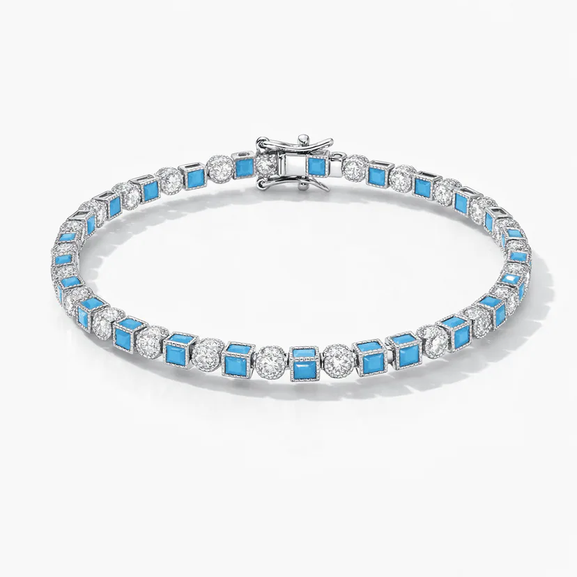 silver tennis bracelet in silver-tone metal with sky-blue square stations and clear crystal rounds, modern link design