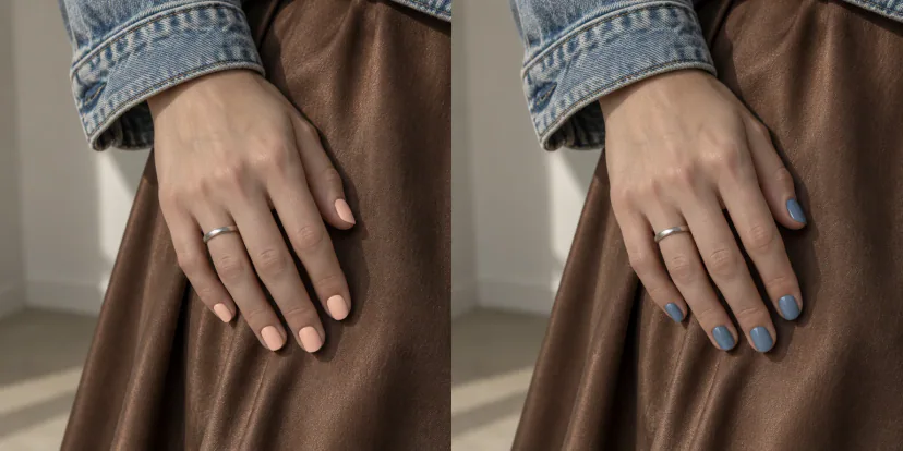 Matched hand views beside faded denim and a softly shining brown skirt, comparing matte pale peach nails with glossy muted blue-gray nails