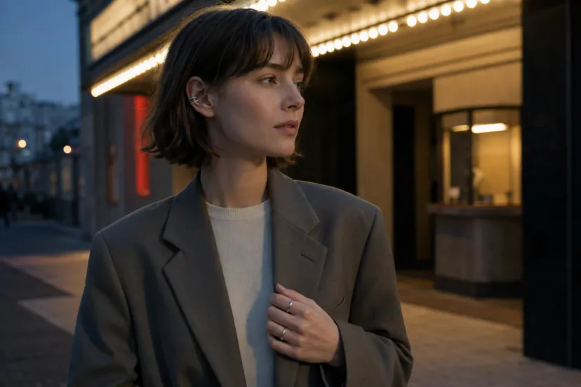 Young adult in restrained tailoring wearing a small sculptural ear cuff and two fine rings outside a cinema at blue hour.
