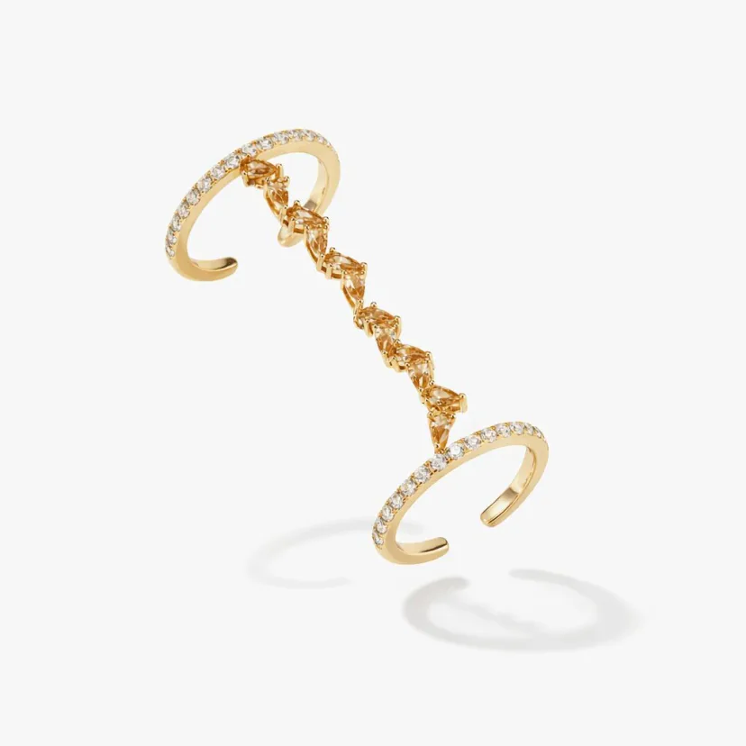 18k gold vermeil ring set modern open bands with pavé crystals and champagne marquise stone cascade detail
