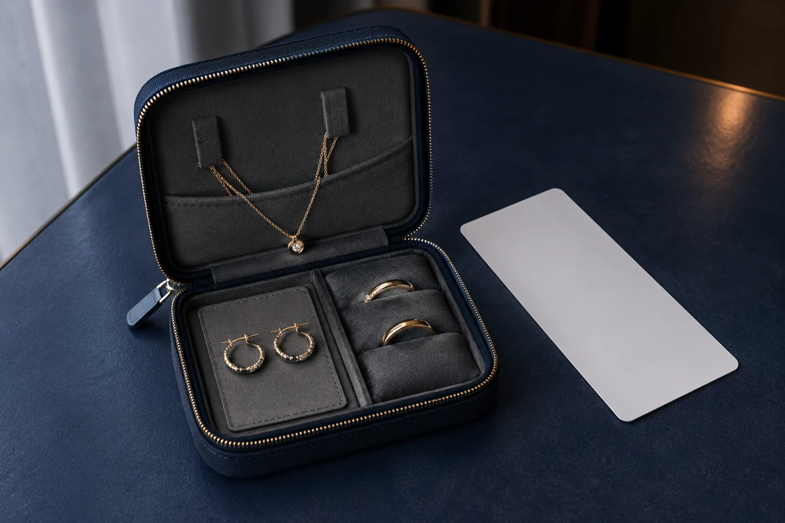 Open compact travel jewelry case with a separated fine chain, paired earrings and two rings arranged on a dark-blue hotel desk.