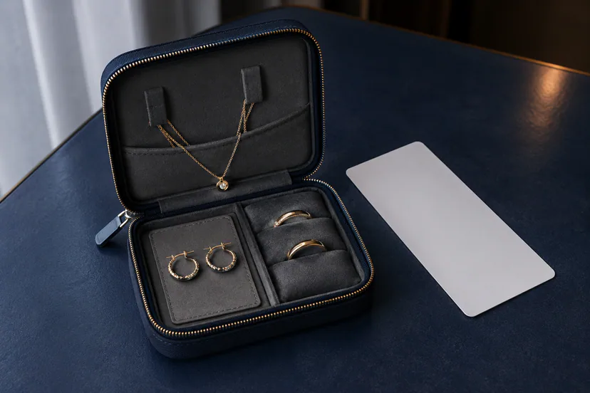 Open compact travel jewelry case with a separated fine chain, paired earrings and two rings arranged on a dark-blue hotel desk.