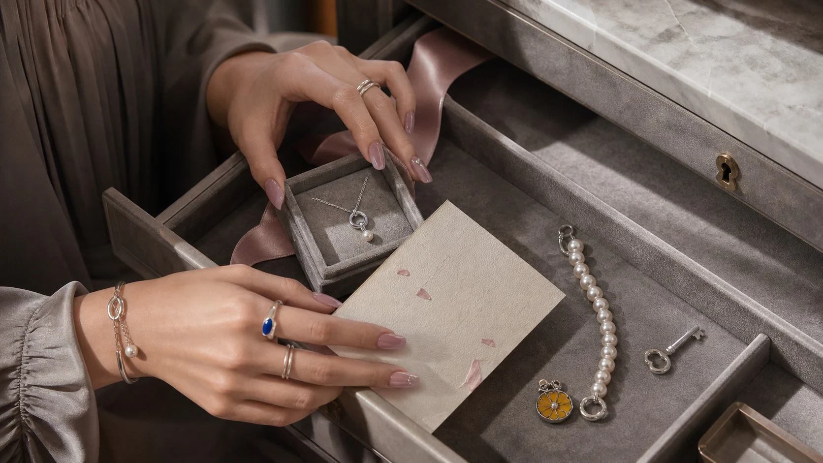 Jewelry gifts for girlfriend arranged as a mood drawer: soft silver, gray-pink nails, and a handwritten card