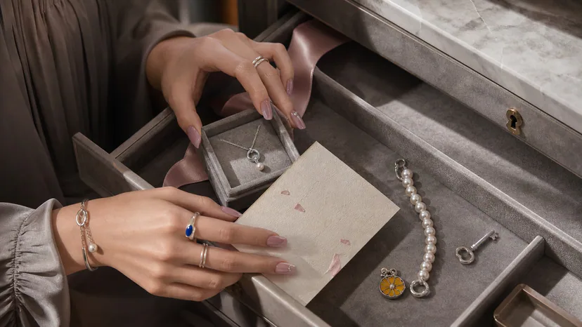 Jewelry gifts for girlfriend arranged as a mood drawer: soft silver, gray-pink nails, and a handwritten card