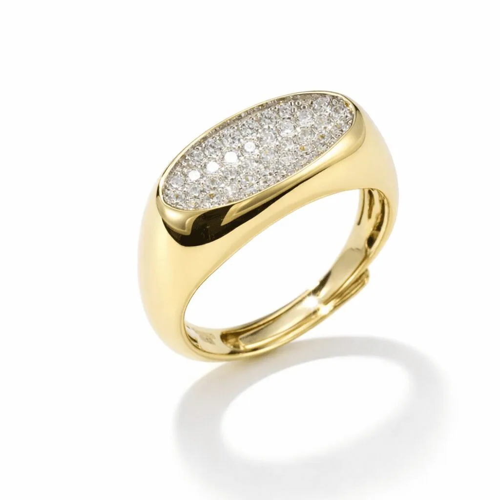 gold signet ring gold vermeil modern oval pavé face with clear stones and high-polish band