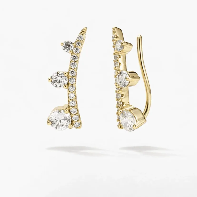 gold climber earrings in 18k gold vermeil, modern ear climber design with graduated clear CZ stones