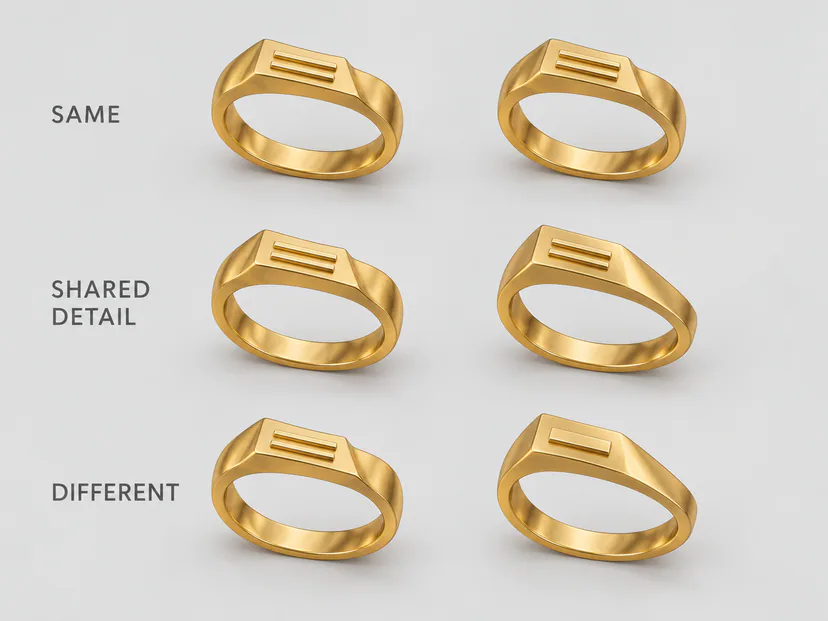 Concept illustration of six ring forms in three rows comparing the same design, a shared double line edge, and a different edge rhythm.