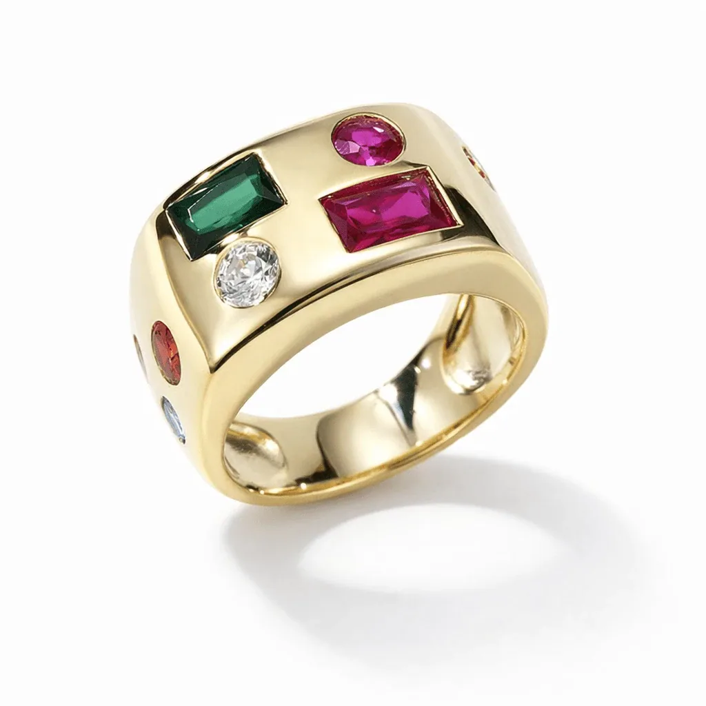 cocktail ring gold vermeil modern dome band with multicolor gemstone mosaic accents in green and fuchsia