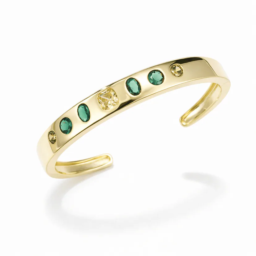 gold cuff bracelet 18k gold vermeil modern open cuff with bezel-set green stones and citrine-toned center