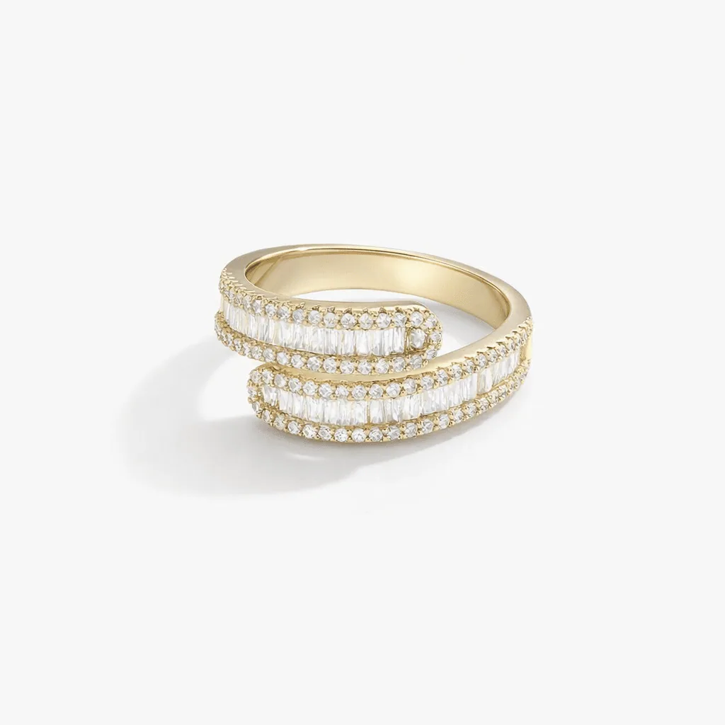 gold vermeil wrap ring with crossing bands, rectangular bright accents and a closely set border