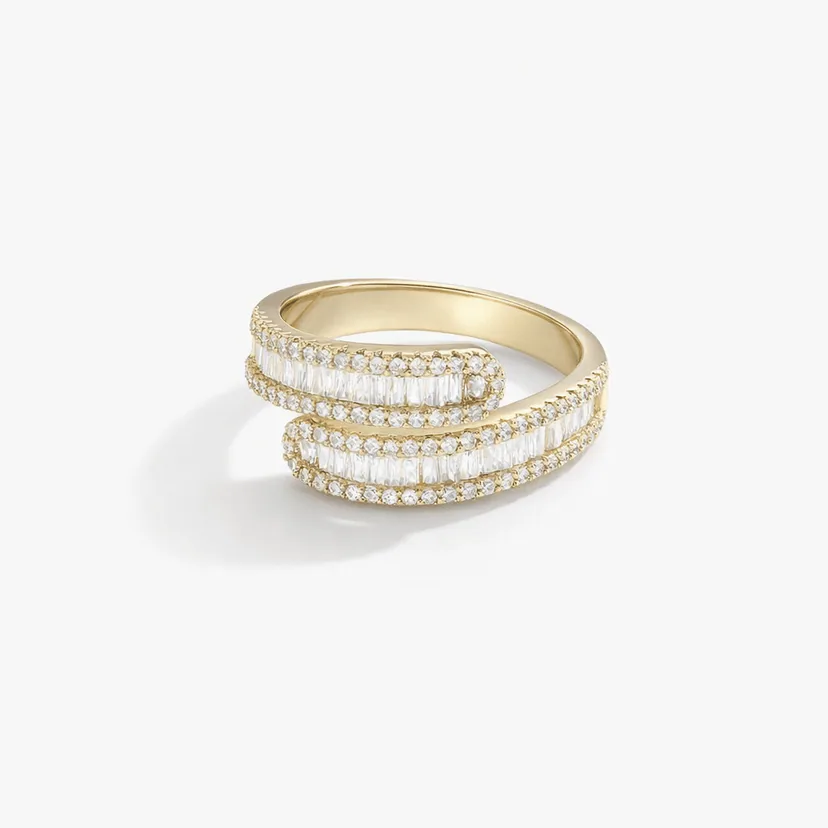 gold wrap ring gold modern wrap design with baguette row and pavé halo sparkle, polished band finish