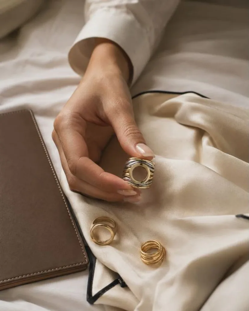 Traveler arranging mixed-metal rings on a soft drawstring pouch beside a leather travel case