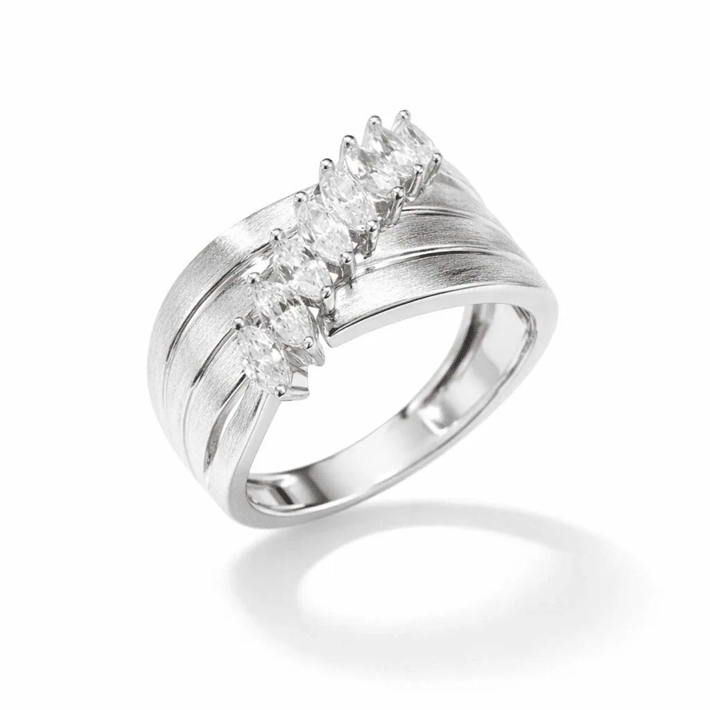 silver marquise ring sterling silver modern wide band with brushed finish and graduated marquise-cut clear crystal row