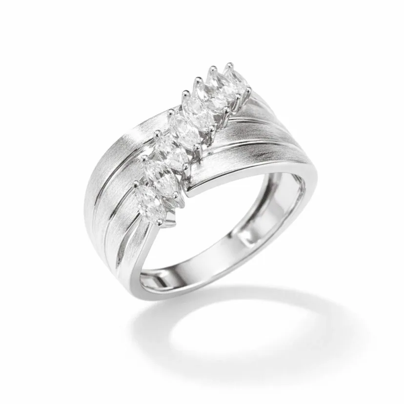 silver marquise ring sterling silver modern wide band with brushed finish and graduated marquise-cut clear crystal row