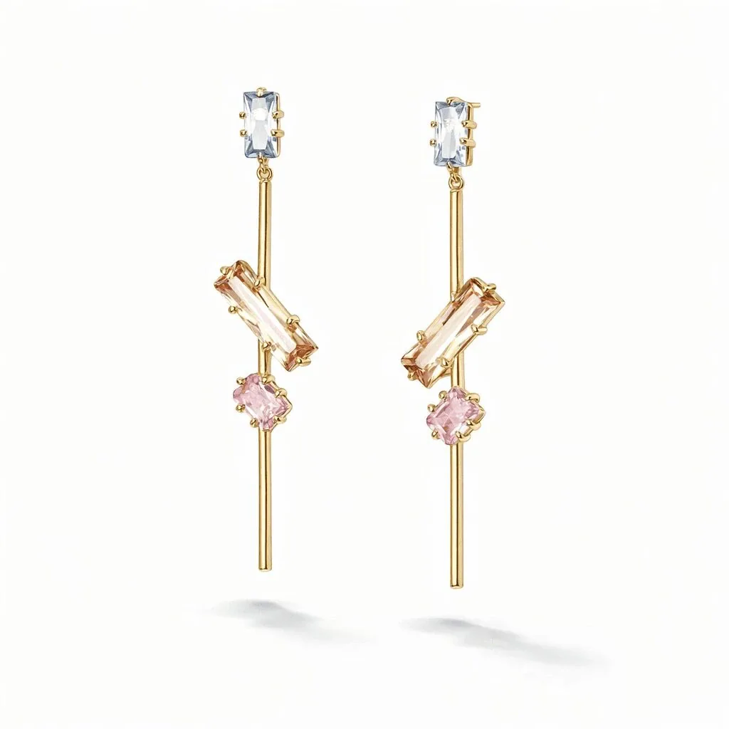drop earrings in gold vermeil, modern linear bars with clear baguette, champagne baguette and pink crystal accents