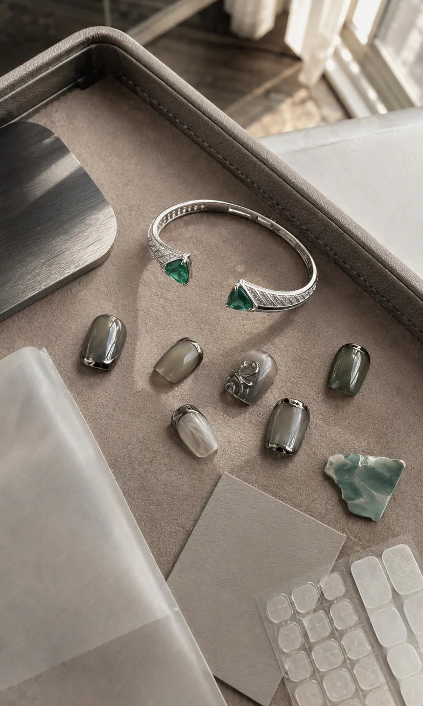 Graduation gift box with curated press-on nails as wearable sculpture in jade and warm gray tones