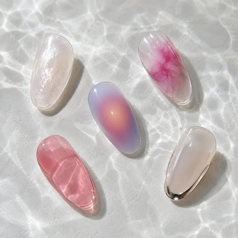 Pearl nails blooming gel nails and aura nails as press-on nail surface design
