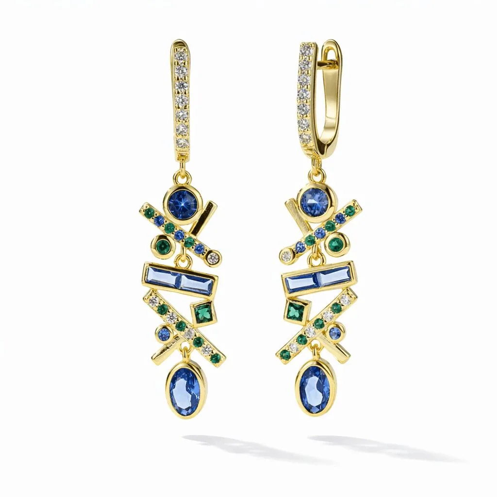 gold drop earrings with blue stones in gold vermeil geometric design with crystal huggies and blue-green drops