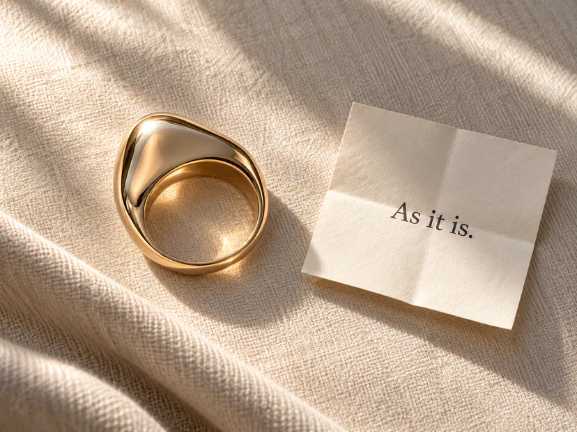 Original concept illustration of an unworn sculptural ring beside a folded note reading “As it is.”