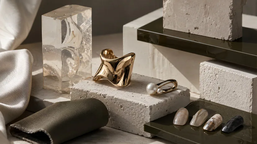 Wearable design still life with sculptural jewelry and nail art texture inspired by interiors