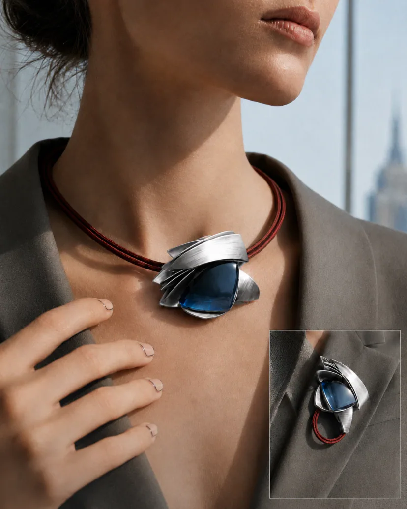 Close editorial portrait with a folded dark-and-light neck form and a cord line