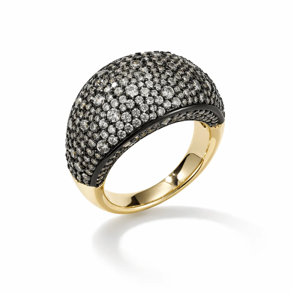 dome pavé ring in gold vermeil with black-edged setting and clear pavé stones in a sculptural dome