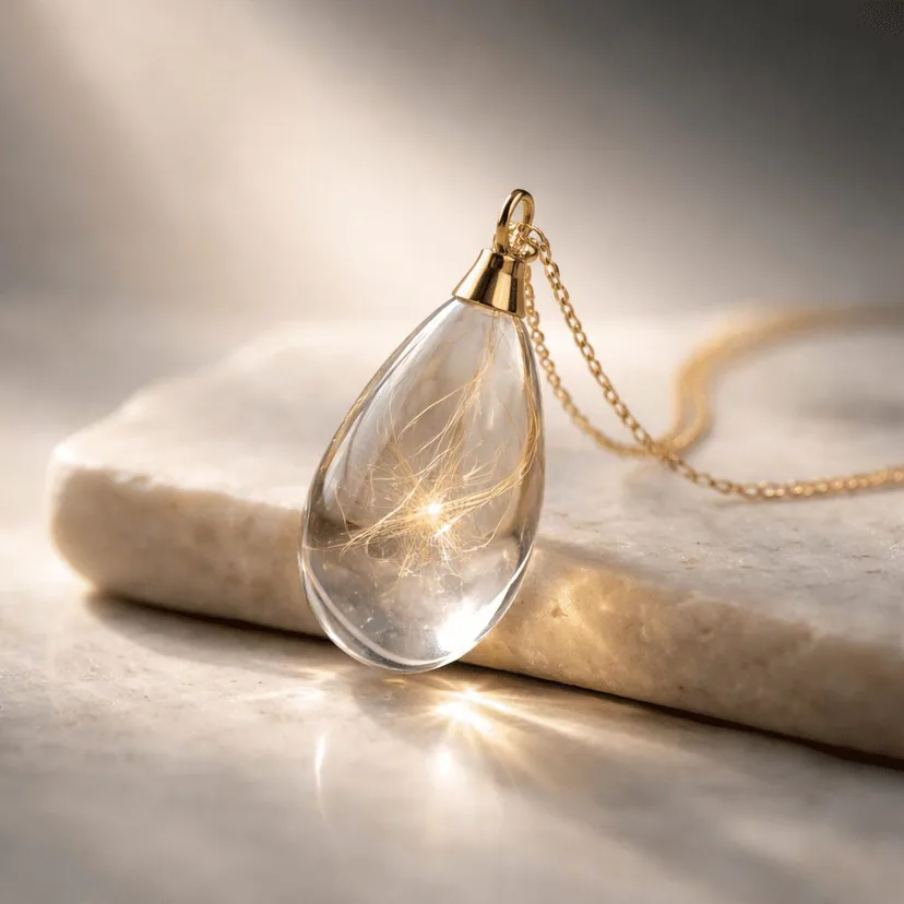 Teardrop translucent keepsake pendant containing fine hair-like fibers on a gold-tone chain