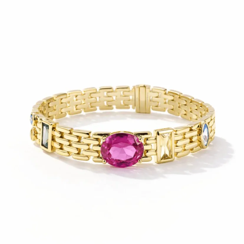 vermeil bracelet in 18k gold vermeil with oval pink centerpiece, baguette accents, and polished link chain design