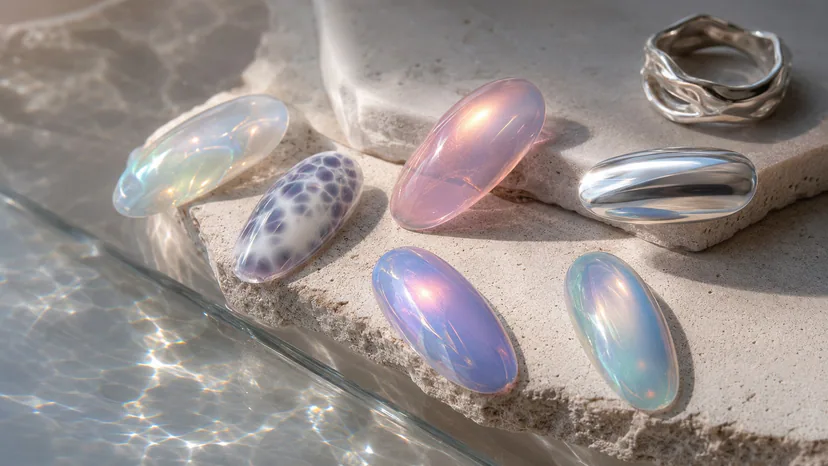 Summer nail trends 2026 with pearl blooming gel aura and chrome press-on nails